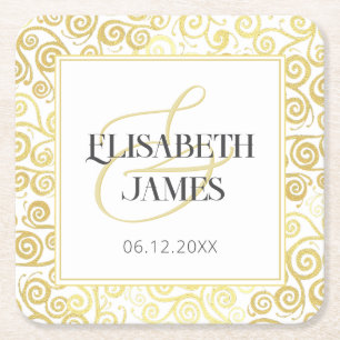 Luxury Flourish Chic Winter White And Gold Wedding Square Paper Coaster