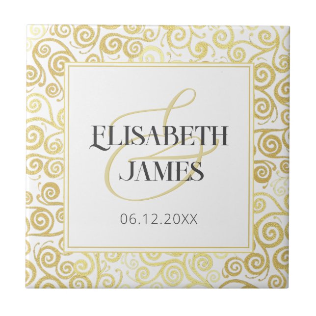 Luxury Flourish Chic Winter White And Gold Wedding Tile (Front)