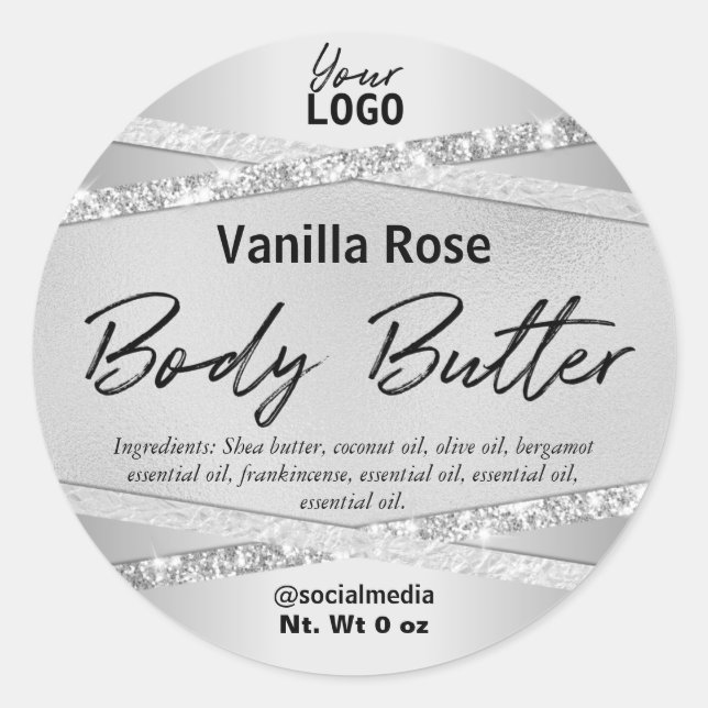 Luxury Foil Glitter Silver Body Butter Labels (Front)