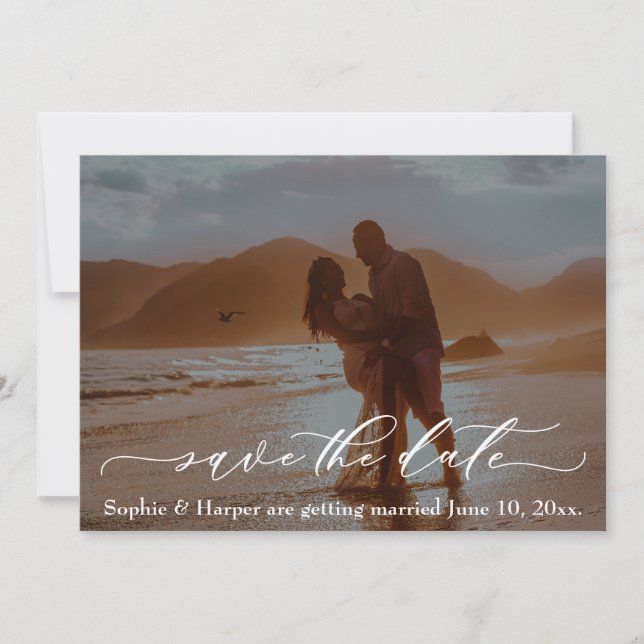 Luxury Font Romantic Beach Photo Save the Date Invitation (Front)