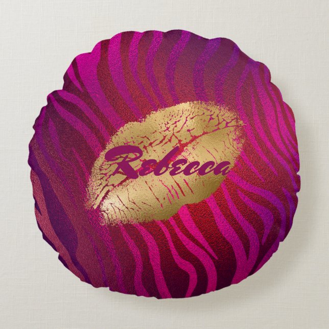 Luxury Fuchsia Animal Stripes Lipstick Print Round Pillow (Front)