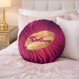 Luxury Fuchsia Animal Stripes Lipstick Print Round Pillow