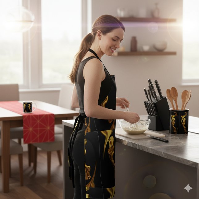 Luxury Full Gold Swirl Black Kitchen Chef Christti Apron (Opulent Culinary Gold: Liquid Swirl Apron & Luxury Kitchen Accessories! Cook with Grace.)