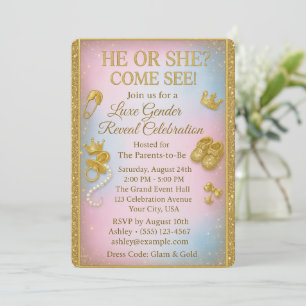 Luxury Gender Reveal Invitation with Gold Glitter