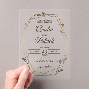 Luxury Geometric Botanical Gold Wedding Acrylic Invitations
