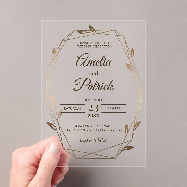 Luxury Geometric Botanical Gold Wedding  Acrylic Invitations (Insitu (Handheld))