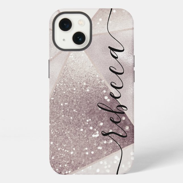 Luxury Geometric Silver Glitter Custom Script Name iPhone Case (Back)