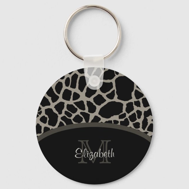 Luxury Giraffe Print Elegant Monogram and Name Keychain (Front)