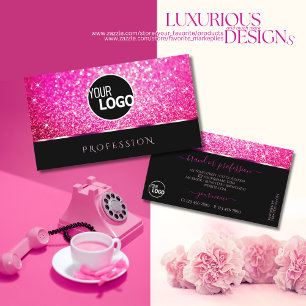 Luxury Girly Pink Glitter Sparkle Stars Black Logo Business Card