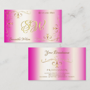 Luxury Girly Pink Gold Ornate Corner with Initials Business Card