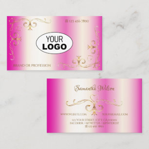 Luxury Girly Pink Gold Ornate Corners with Logo Business Card