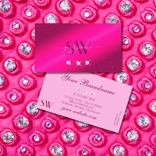 Luxury Girly Pink Sparkle Stars Diamonds Monogram Business Card (Creator Uploaded)