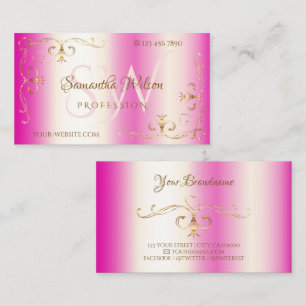 Luxury Girly Pink with Initials Gold Ornate Corner Business Card