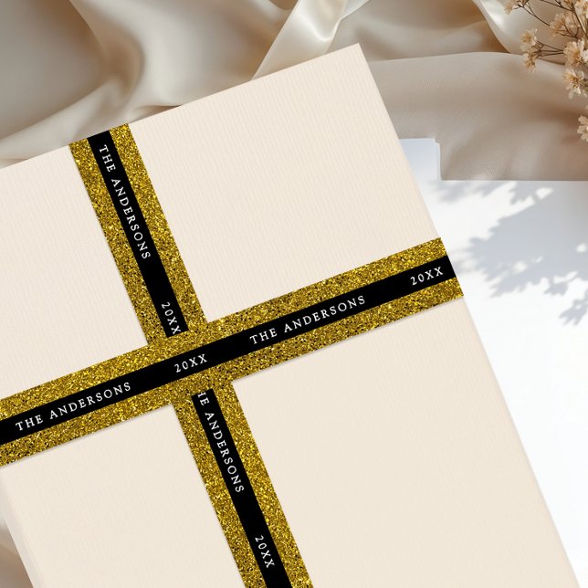 Luxury Glam Black And Gold Sparkle Glitter Typo Satin Ribbon (Creator Uploaded)