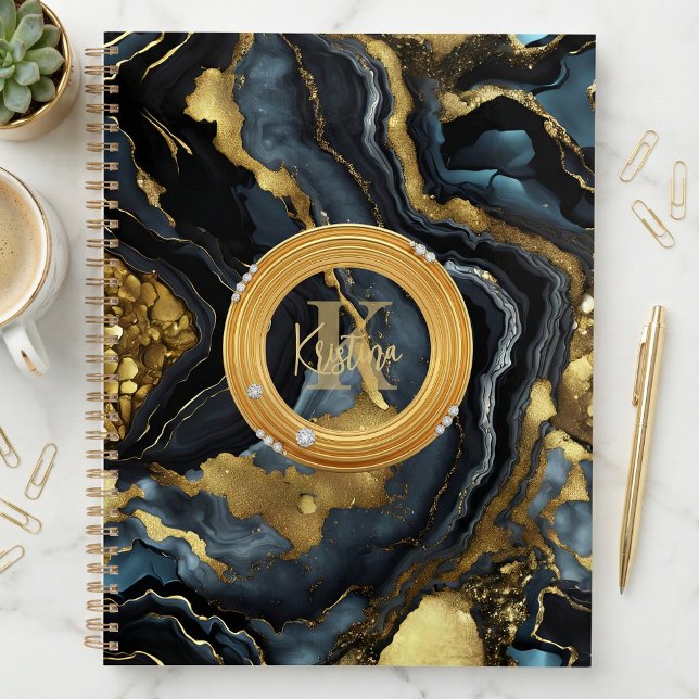 Luxury Glam Black Blue Gold Agate Marble Monogram Planner (Creator Uploaded)