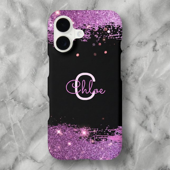 Luxury Glam Black Magenta Purple Glitter Monogram (Creator Uploaded)