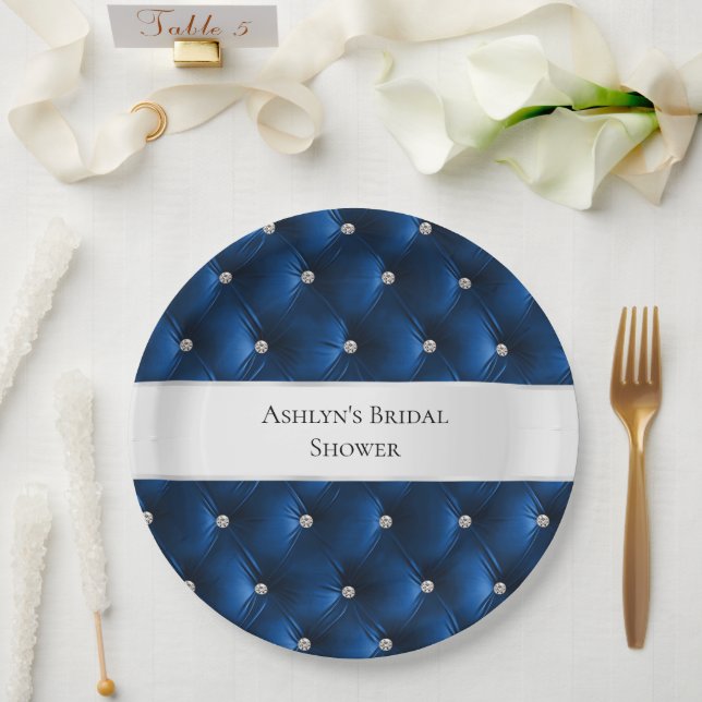 Luxury Glam Blue Faux Velvet Paper Plate (Wedding)