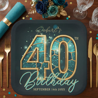 Luxury Glam Teal Gold Agate 40th Birthday Party Paper Plate