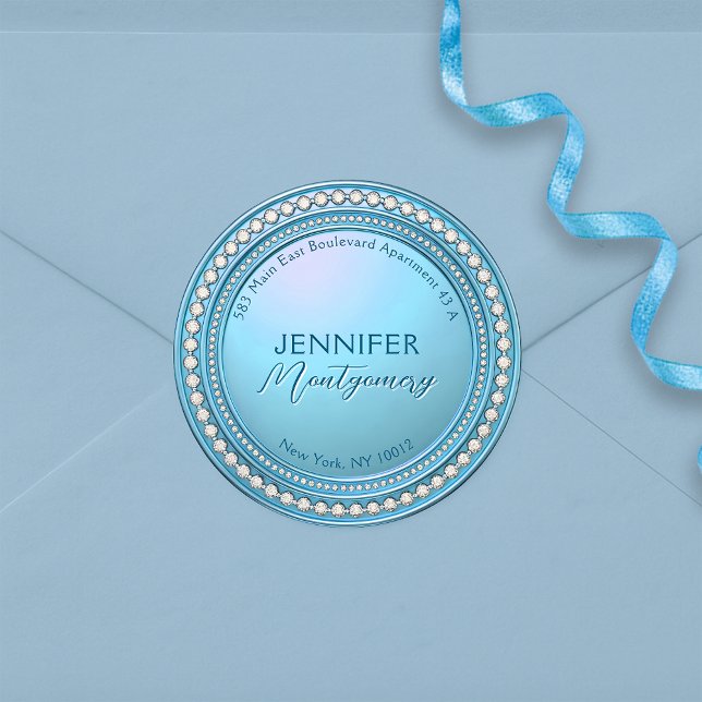 Luxury Glamourous Diamond Blue Return Address Labe Classic Round Sticker (Creator Uploaded)