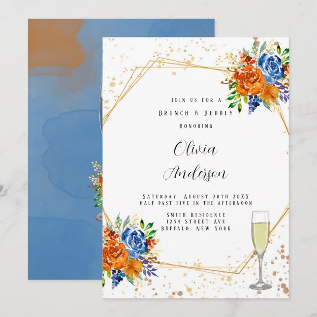 Luxury Glitter Blue Orange Floral Brunch & Bubbly Invitation (Front/Back)