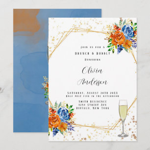 Luxury Glitter Blue Orange Floral Brunch & Bubbly Invitation