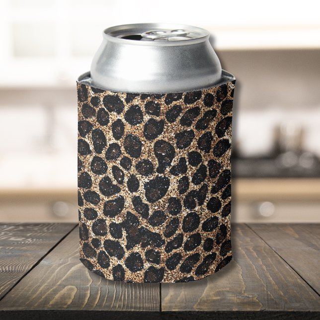 Luxury Glitter Gold Brown Black Leopard Pattern Can Cooler (Creator Uploaded)