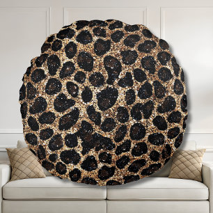 Luxury Glitter Gold Brown Black Leopard Pattern Round Pillow