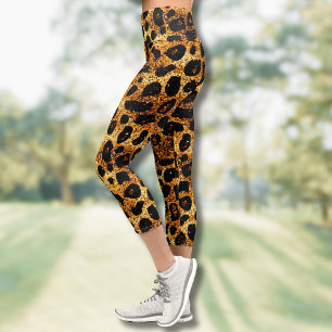 Luxury Glitter Gold Brown Rust Leopard Pattern Capri Leggings