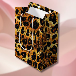Luxury Glitter Gold Brown Rust Leopard Pattern Medium Gift Bag