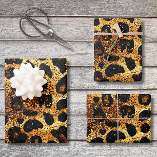 Luxury Glitter Gold Brown Rust Leopard Pattern Wrapping Paper Sheet