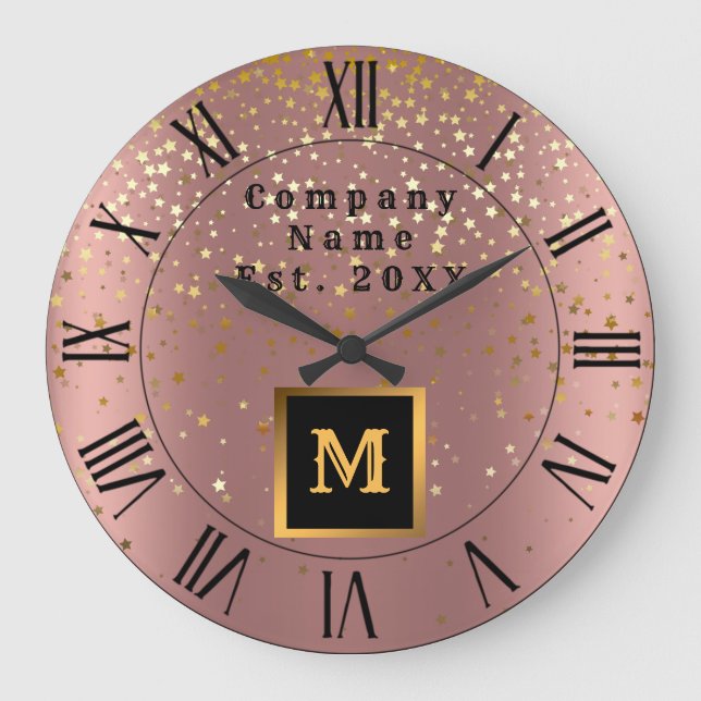 Luxury Glitter Gold Pink Stars Monogrammed Large Clock (Front)