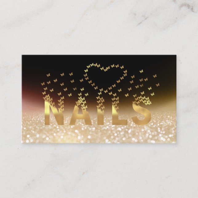 Luxury glittery gold butterflies nails logo business card (Front)