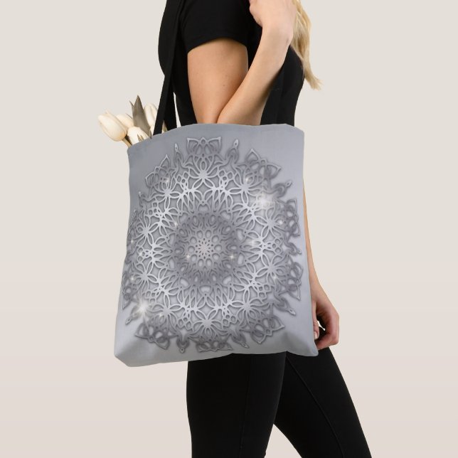 Luxury Glowing Sparkling Silver Metallic Mandala  Tote Bag (Close Up)