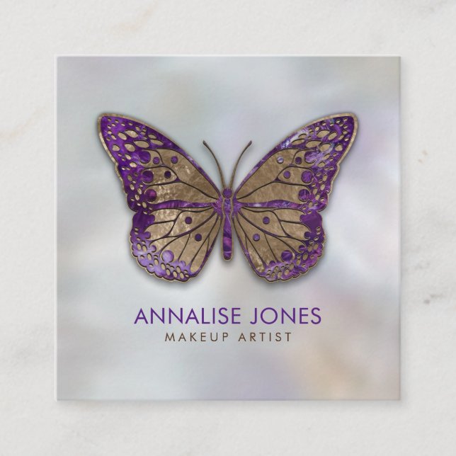 Luxury Gold and Amethyst Butterfly on pearl Square Business Card (Front)