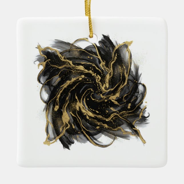Luxury Gold and Black Abstract Marble Ink Flow Ceramic Ornament (Front)