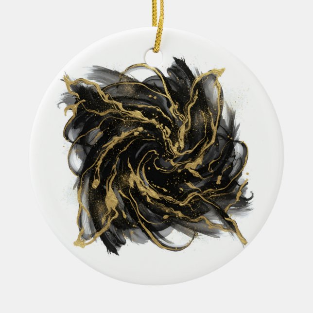 Luxury Gold and Black Abstract Marble Ink Flow Ceramic Ornament (Front)