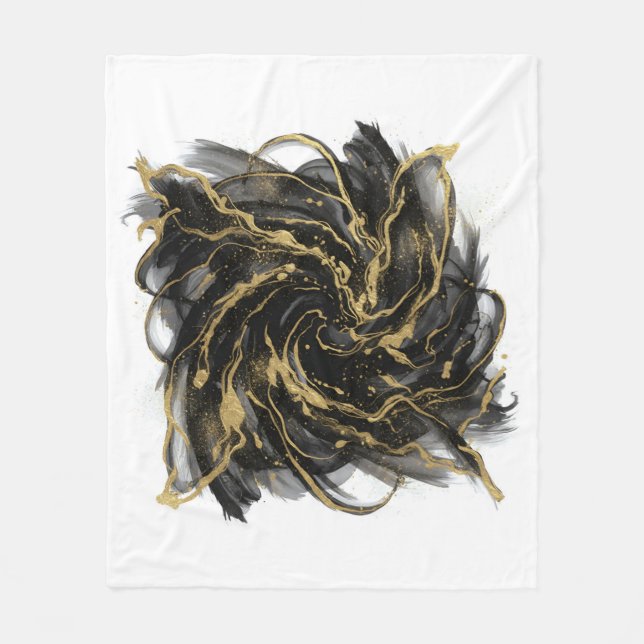 Luxury Gold and Black Abstract Marble Ink Flow Fleece Blanket (Front)