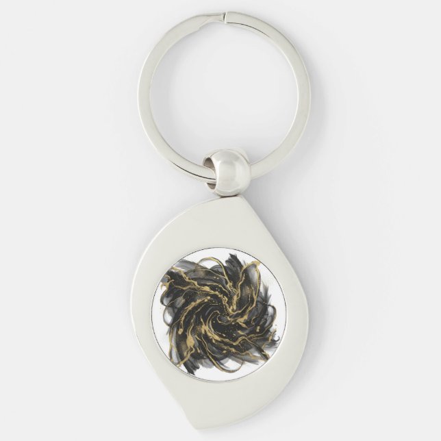 Luxury Gold and Black Abstract Marble Ink Flow Keychain (Front)