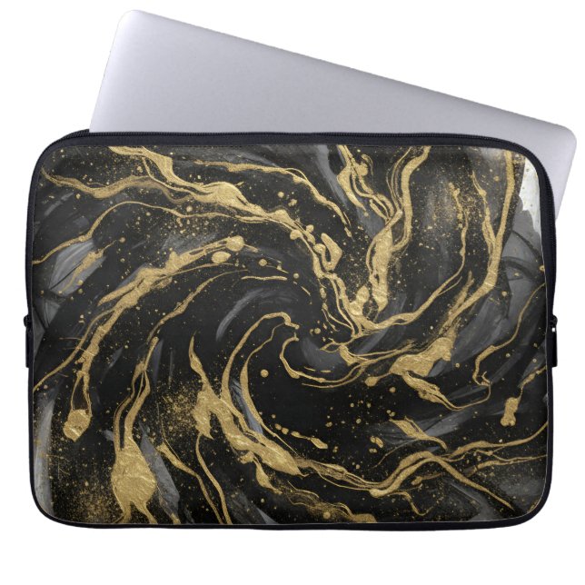 Luxury Gold and Black Abstract Marble  Laptop Sleeve (Front)