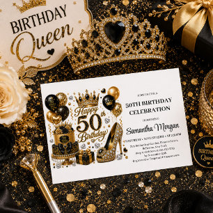 Luxury Gold And Black Sparkle 50th Birthday Invite