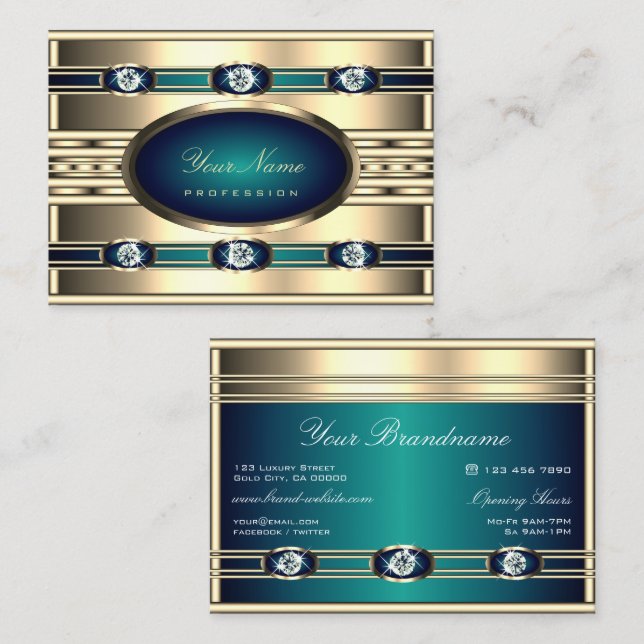 Luxury Gold and Blue Colours with Faux Rhinestones Business Card (Front/Back)
