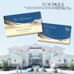 Luxury Gold and Blue with Logo Sparkling Diamond Business Card