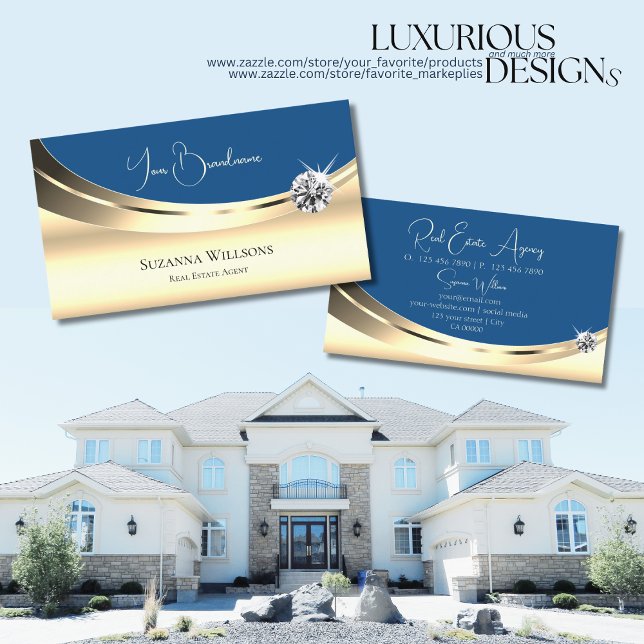 Luxury Gold and Blue with Sparkling Diamond Modern Business Card (Creator Uploaded)