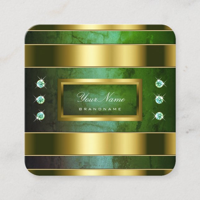 Luxury Gold and Green Marble with Faux Diamonds Square Business Card (Front)