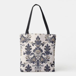 Luxury Gold and Navy Blue Damask Tote Bag 