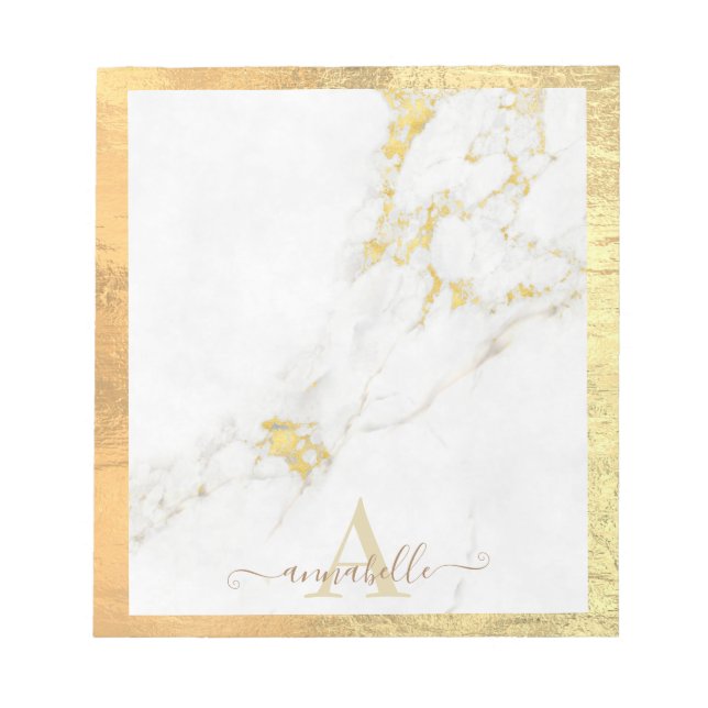 Luxury Gold and White Marble Foil Name Monogram Notepad (Front)