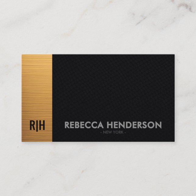 Luxury Gold Bar & Black Leather Monogram  Business Card (Front)