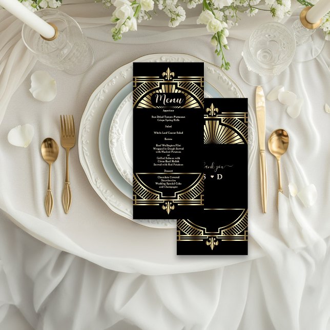 Luxury Gold Black Art Deco Roaring 20s Wedding  Menu (Creator Uploaded)