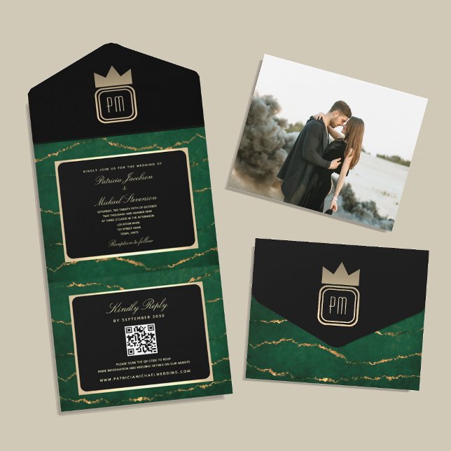 Luxury Gold Black Emerald Green Monogram Wedding All In One Invitation (Creator Uploaded)