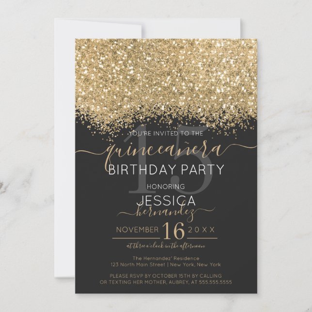 Luxury Gold Black Glitter Confetti Quinceañera Invitation (Front)